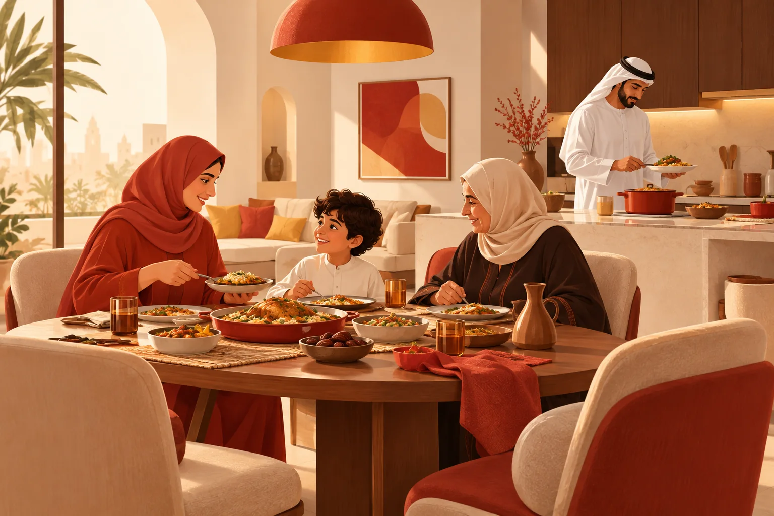 Illustration of a family sharing dinner while a father prepares a dish in the kitchen
