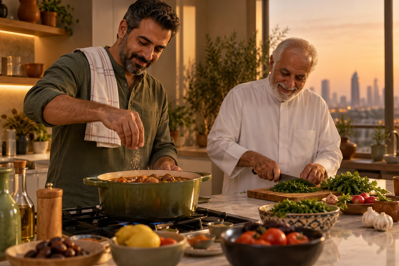 A father and grandfather preparing food together, an AI-generated concept