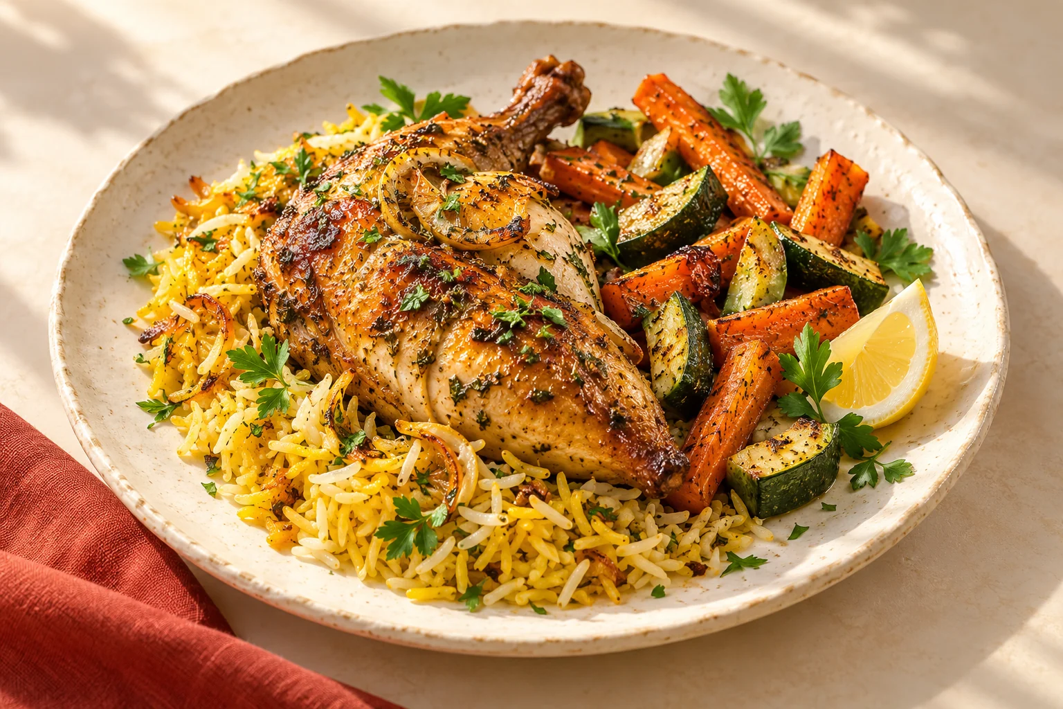 AI-generated fictional chicken meal with rice and vegetables